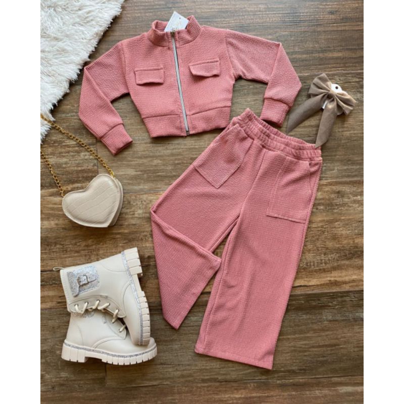 conjunto inverno  calça pantalona+jaqueta c/ziper modelo versatil conju ana ruga rose