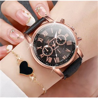 Conjunto Relógio Feminino Kit Colar Brinco Pulseira Anel Preto Relogio Femenino Bijuterias Femininas