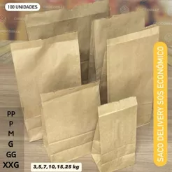 100 Saco Kraft Delivery SOS Liso PP / P / M / G / GG / EXTRAGG OFF (CHOCO)