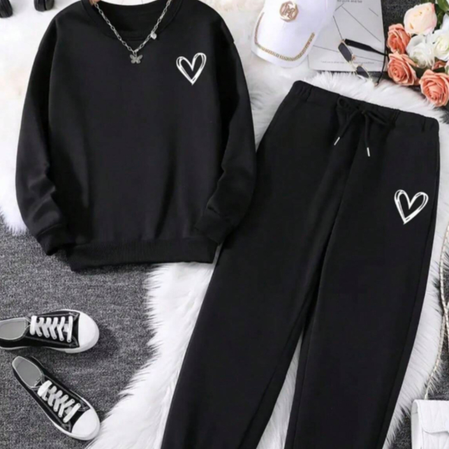 Conjunto Moletom Gola Redonda Calça Moletom Quentinho Coração Minimalista Casual Feminino Algodão