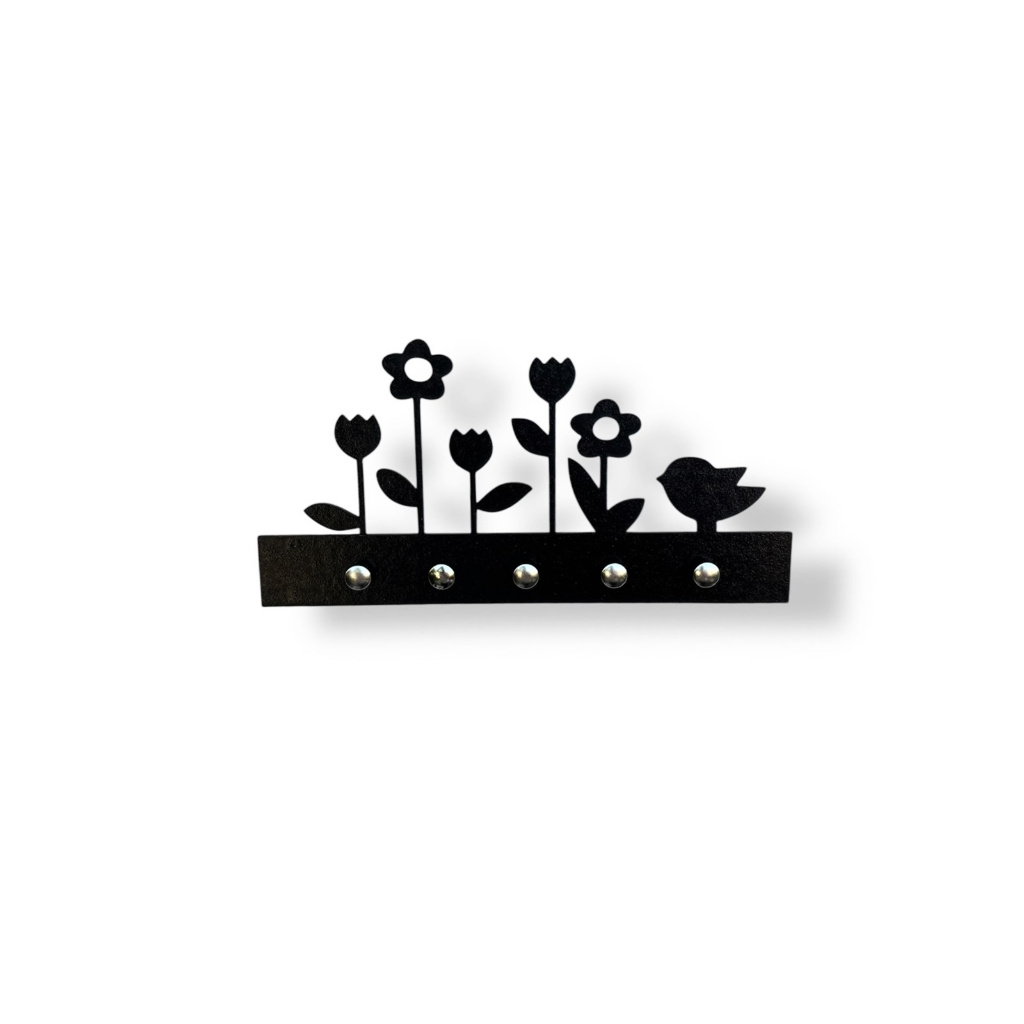 Porta Chaves Passarinhos e Flores em MDF Preto
