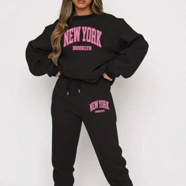 Conjunto Feminino Moletom Gola Redonda Calça Moletom New City Brooklyn Casual Quentinho Ajustável