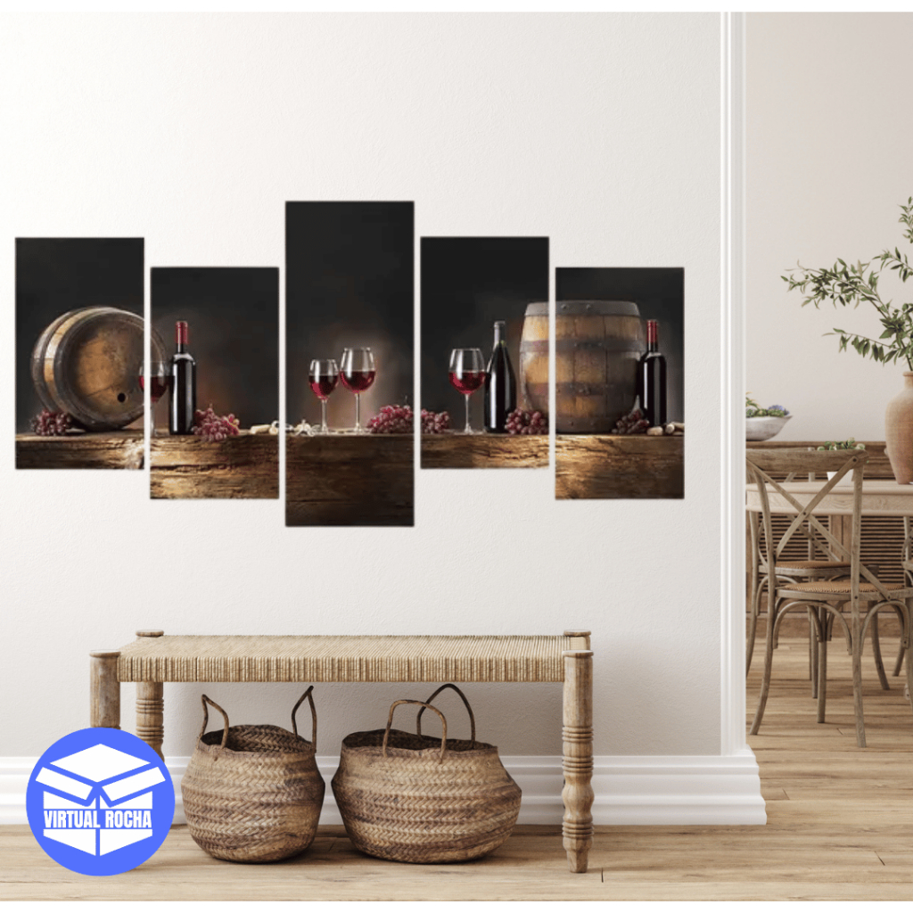 Quadro Decorativo 5 Peças Vinho Adega Bar Enfeite Madeira Barril MDF