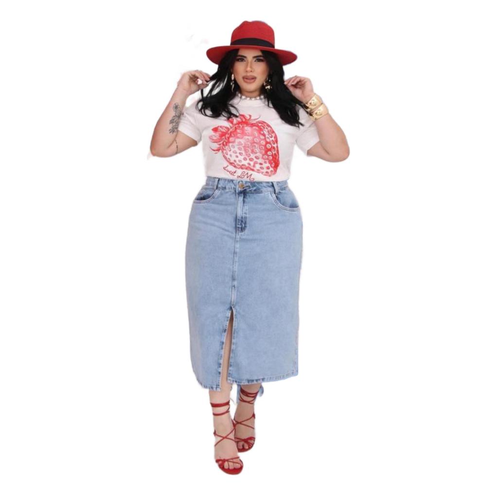 Saia Jeans Midi Plus Size Com Fenda Sem Lycra | Premium | em Oferta na Shopee