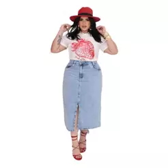 Saia Jeans Midi Plus Size Com Fenda Sem Lycra | Premium |