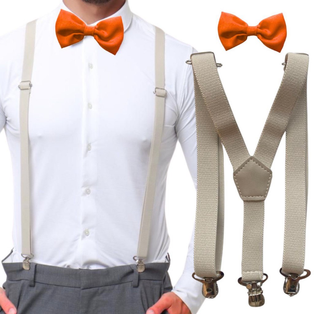 Suspensório Bege Nude Off White E Gravata Borboleta Laranja Adulto e Mais Cores Casamento Formatura Padrinho Festa