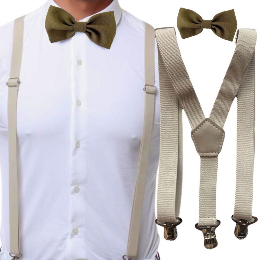 Suspensório Bege Nude Off White E Gravata Borboleta Verde Oliva Adulto e Mais Cores Casamento Formatura Padrinho Festa
