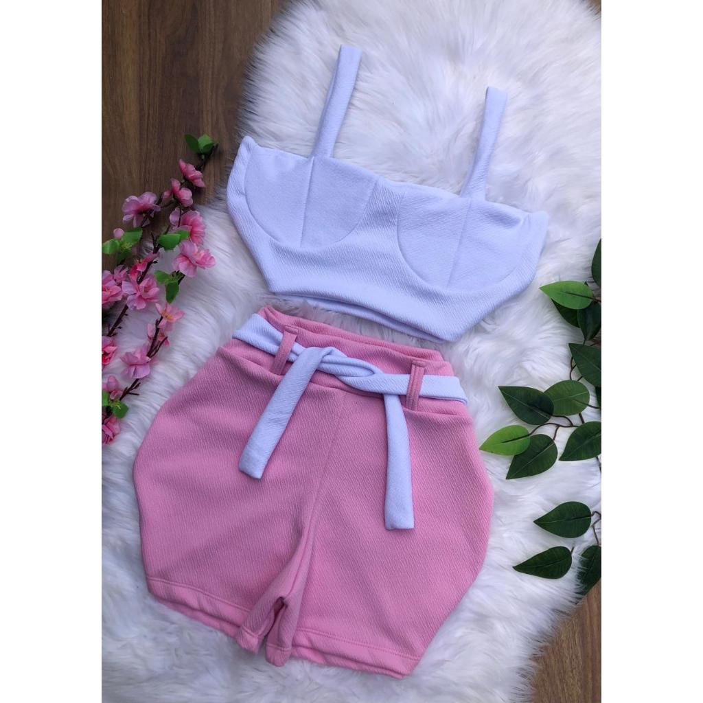 Conjunto Cropped estiloso + short saia (cropped com bojo) em Oferta na Shopee