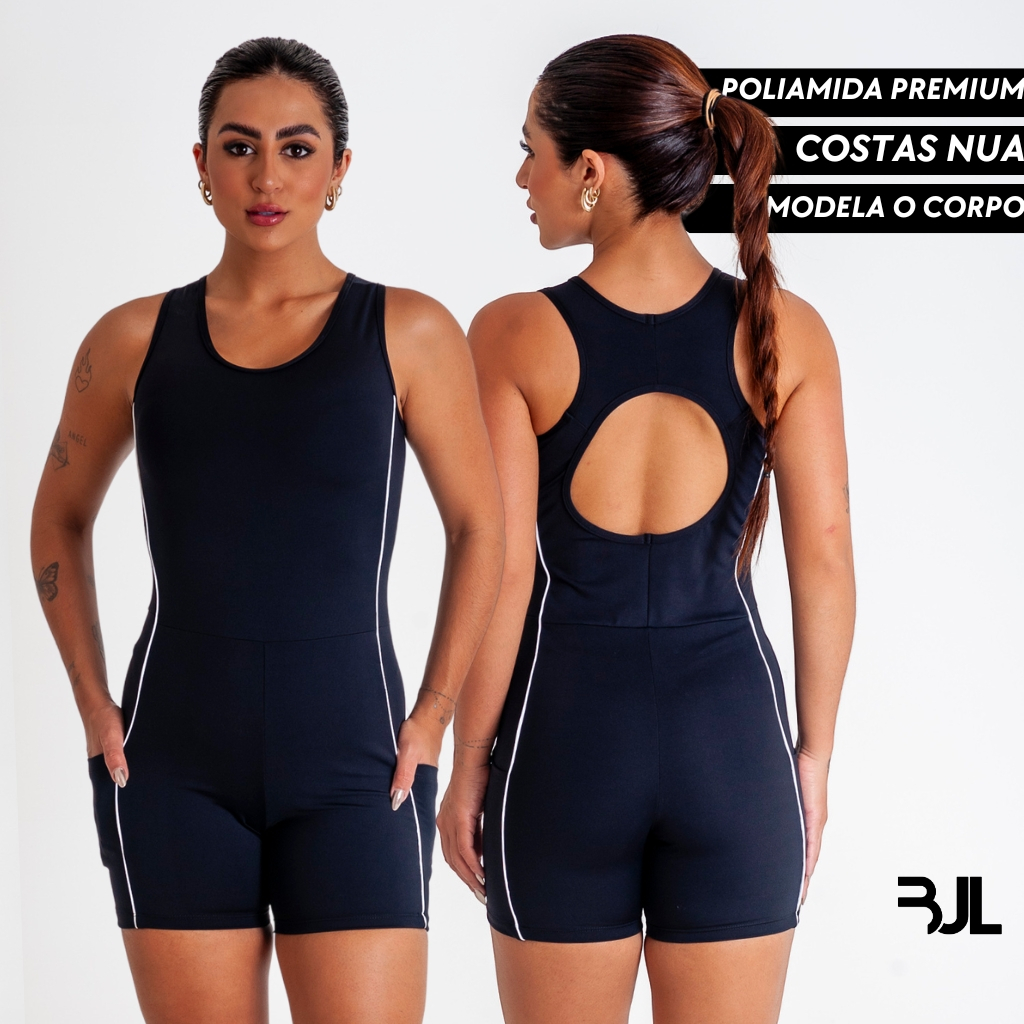 Macaquinho Poliamida Fitness ZERO TRANSPARÊNCIA com Bolso Hidroginástica Academia Feminino Costas Nuas Natação em Oferta na Shopee