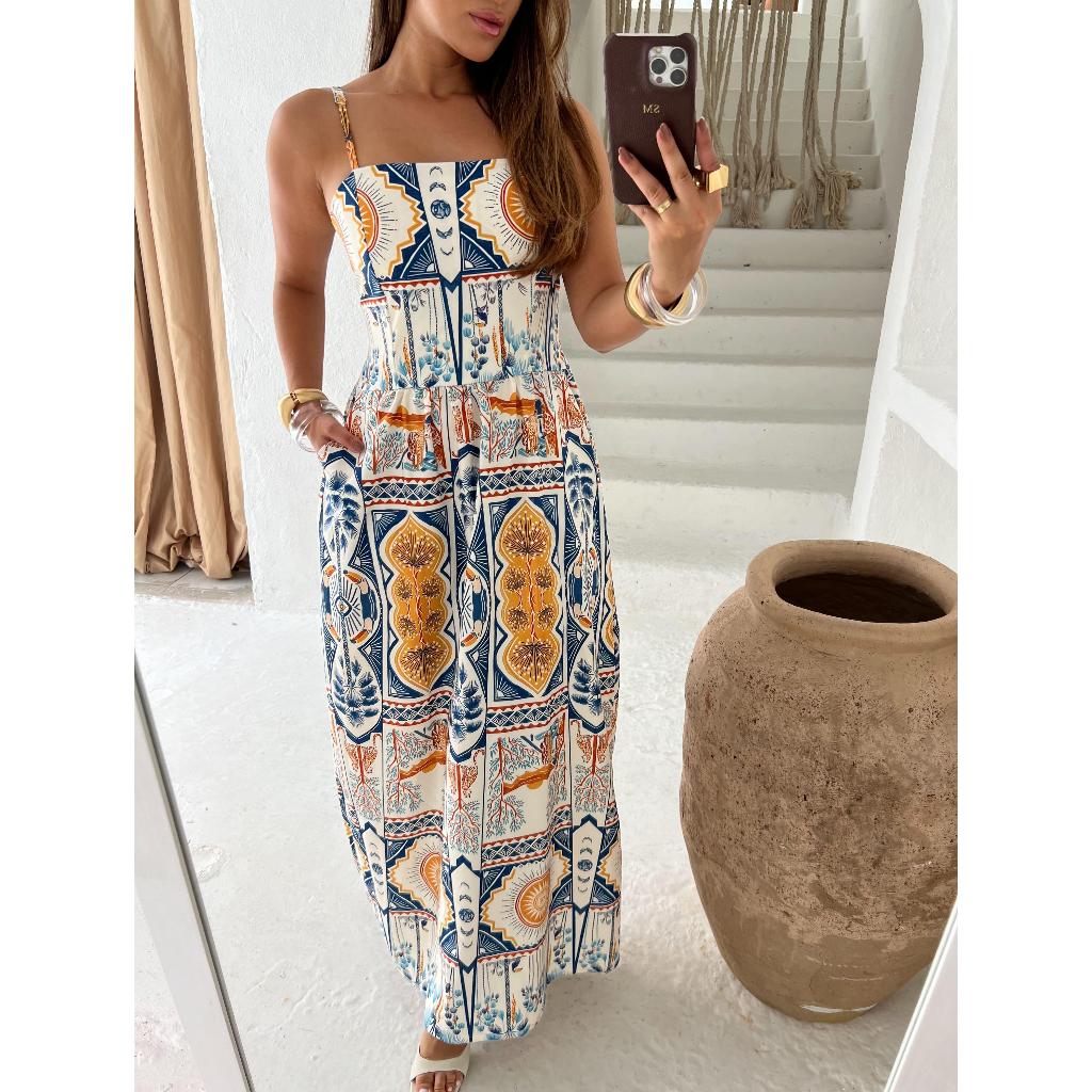 Vestido Longo Estampado Inspiração  Farm com elastex bolso regulador na alça