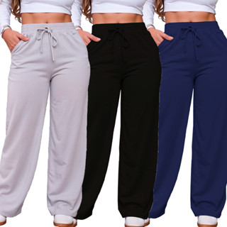 Calça Pantalona Feminina Lanzinha Moletinho Cintura Alta Com Bolso Inverno