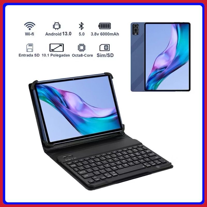 Tablet Com Teclado 10,1 polegadas + Capa  Entrada para Chip sistema Android 13.0  6gb Ram 128 5g