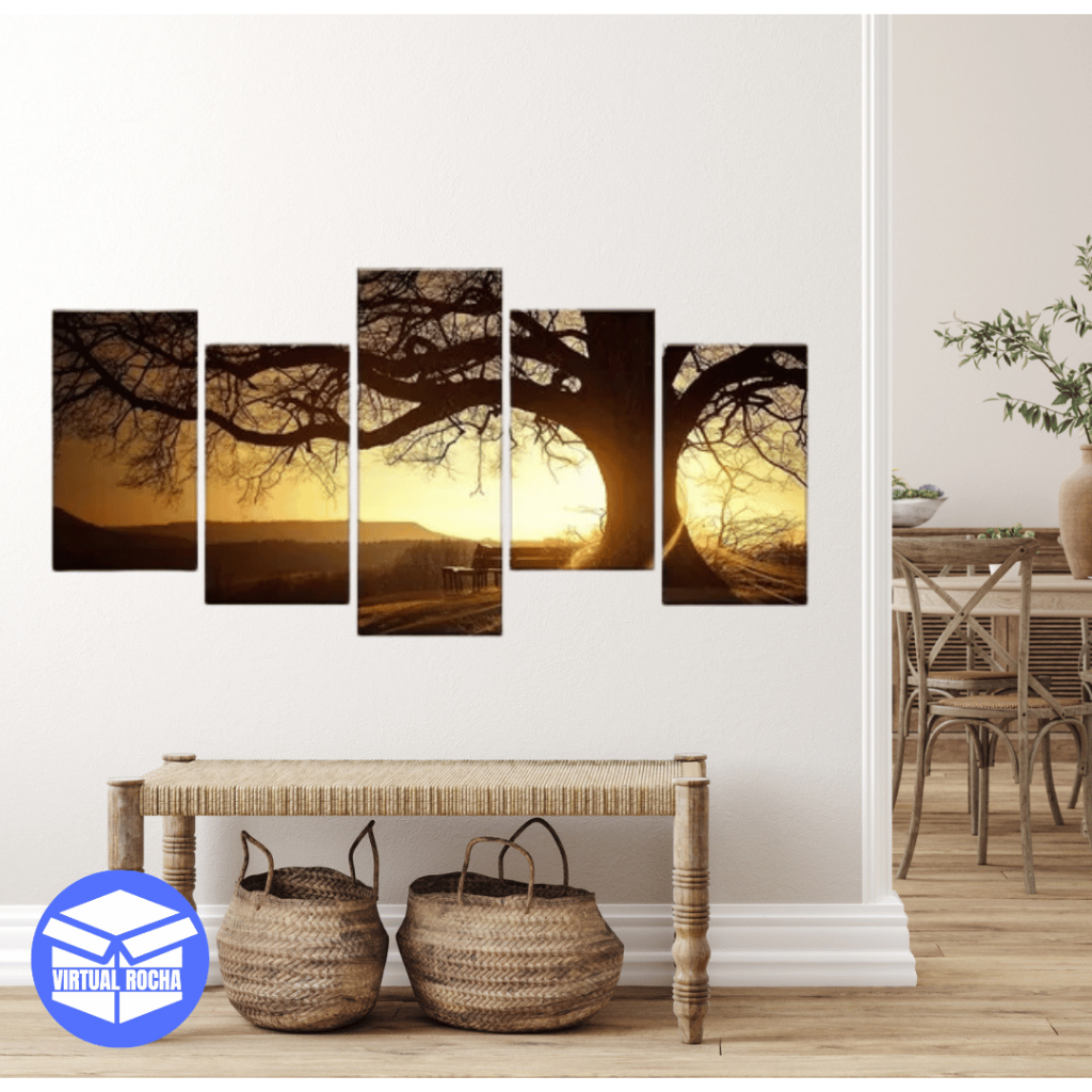 Quadro Decorativo 5 Peças Árvore Nascer Do Sol Cerrado Sombra MDF