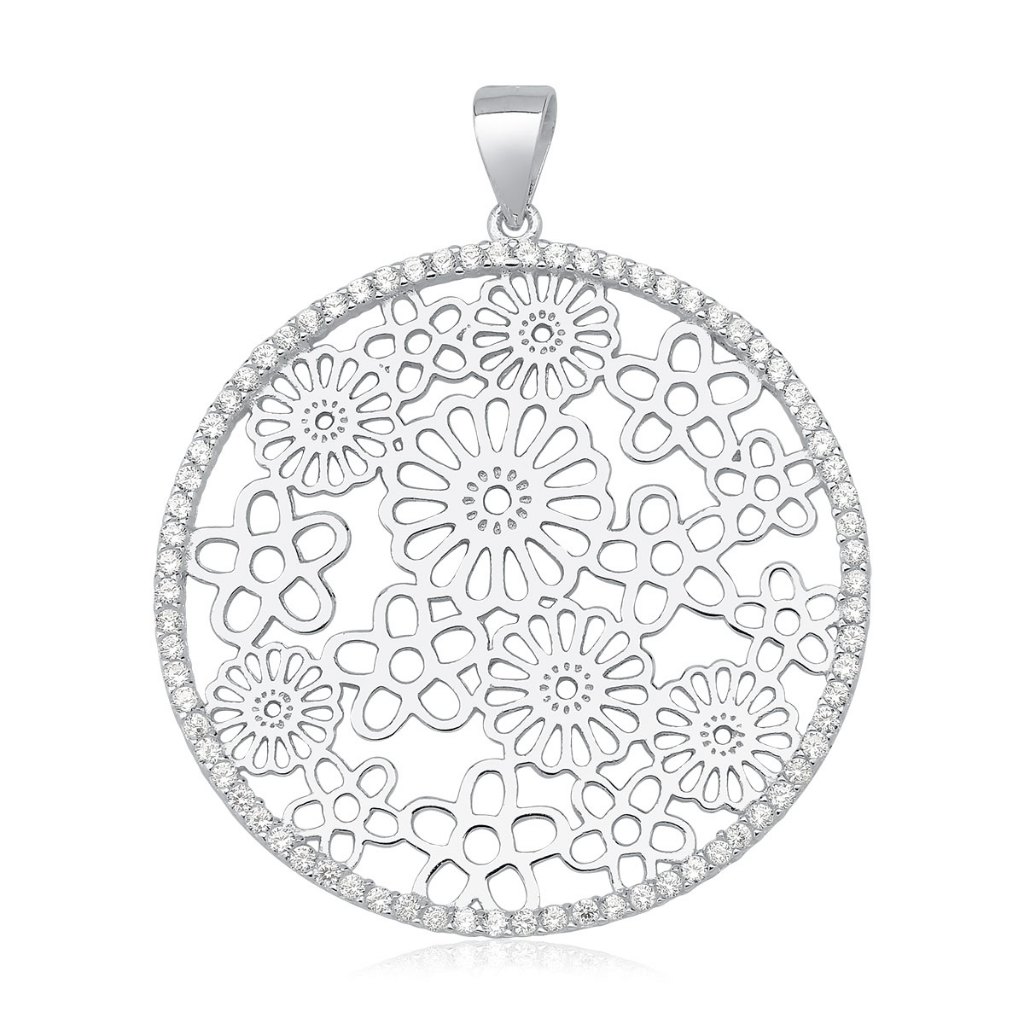 Pingente de Prata 925 Flores e Zircônias
