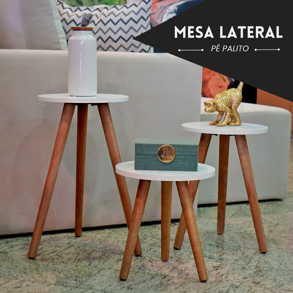 Kit Trio de Mesinhas Lateral de Canto Redondas Sala Pé Palito Retro
