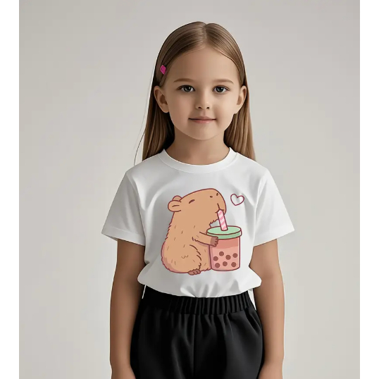 Camiseta Infantil Menina Capivara Milk Blusa 100% algodão estampada em Oferta na Shopee