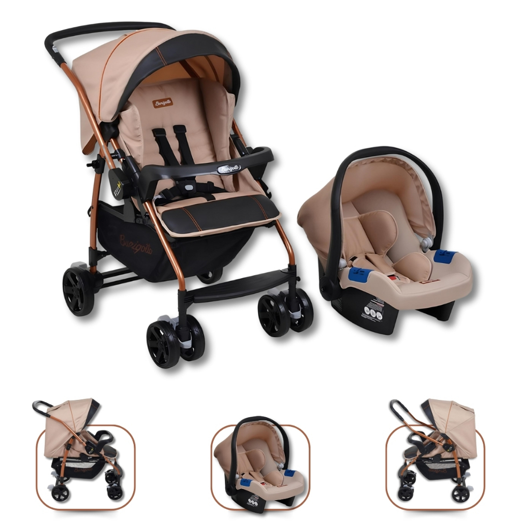 Carrinho de Bebê Travel System + Bebê Conforto Passeio Rio K MON AMOUR Burigotto Preto Bege