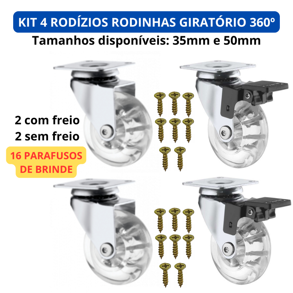 Kit 4 Rodizio Rodinha Giratório Gel Silicone Com Trava Sem Trava 35mm 50mm Móveis Armário Geladeira