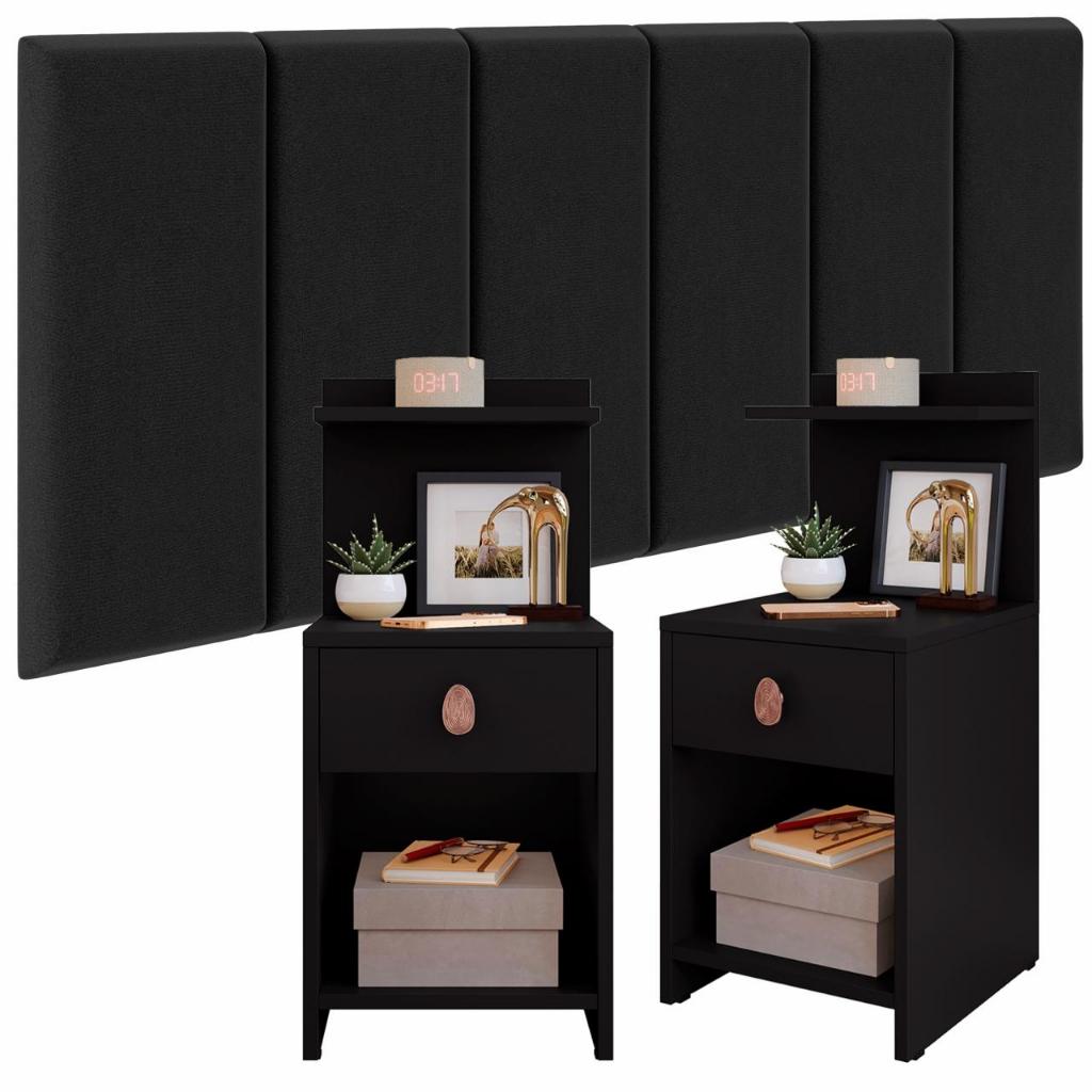 Conjunto Cabeceira Cama Casal 1,40 JULIA  Com Mesa de Cabeceira Quarto Requinte Boss Preto