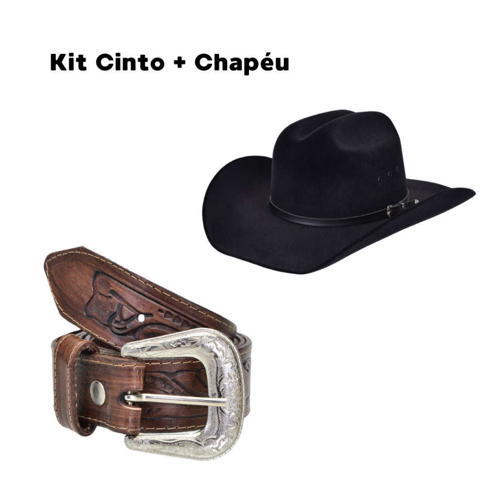 Kit Chapéu Cowboy Americano Rodeio Barretos e Cinto em Couro Country