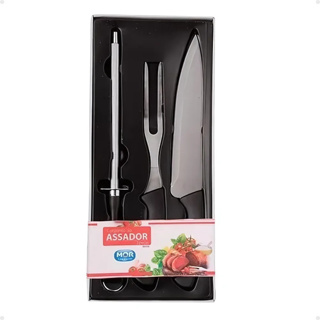 Kit Completo Para Churrasco 3 Peças Faca Pegador Garfo Assador Profissional - Mor