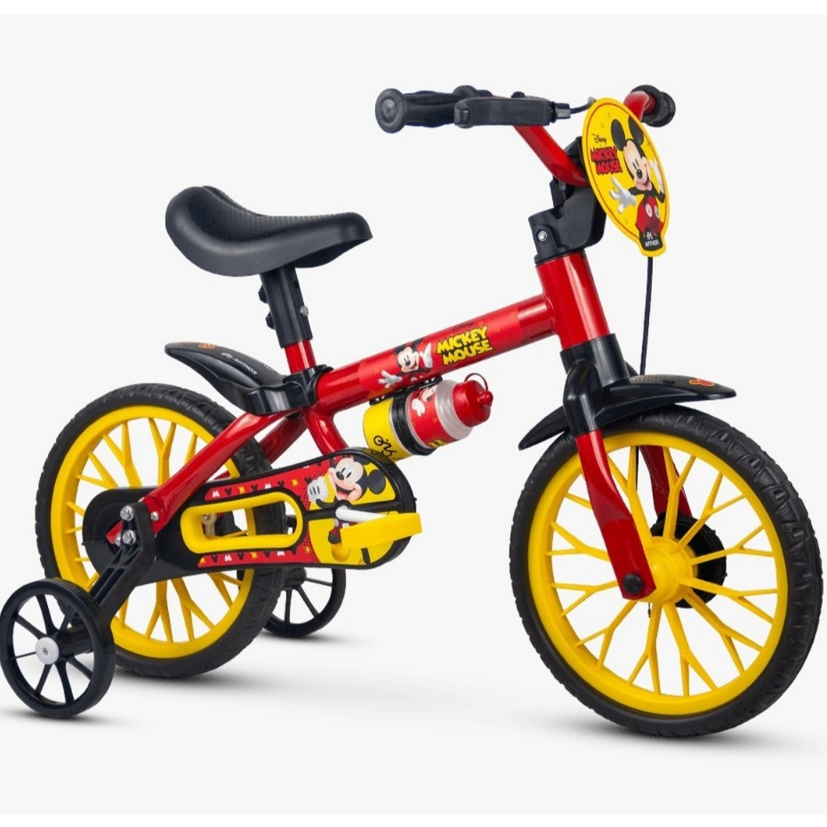 Bicicleta Infantil Mickey - Aro 12  Com Rodinhas de Equilíbrio + Garrafinha de Água e Protetor Para Corrente