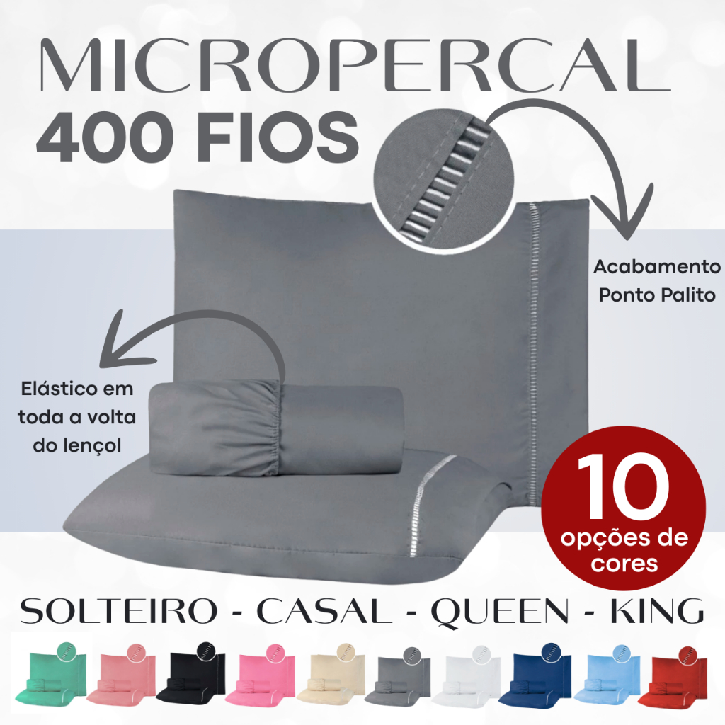Kit Jogo de Lençol Casal Queen 400 fios Micropercal 3 Peças Ponto Palito : Solteiro Casal Queen King