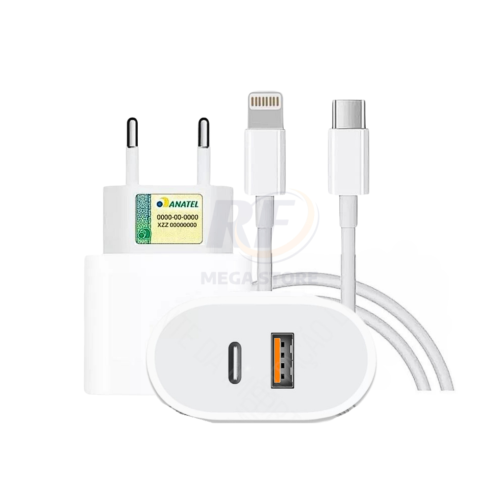 Original Carregador Turbo 40W Compatível iPhone X Xr 8 11 12 13 14 Plus Pro Max 2 SAÍDAS USB e Tipo C Cabo+Fonte