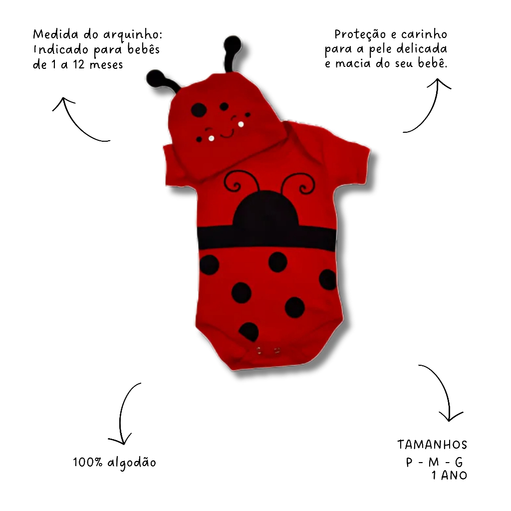 Body Bebê Temático Mêsversario da Joaninha – 100% Algodão, Manga Curta