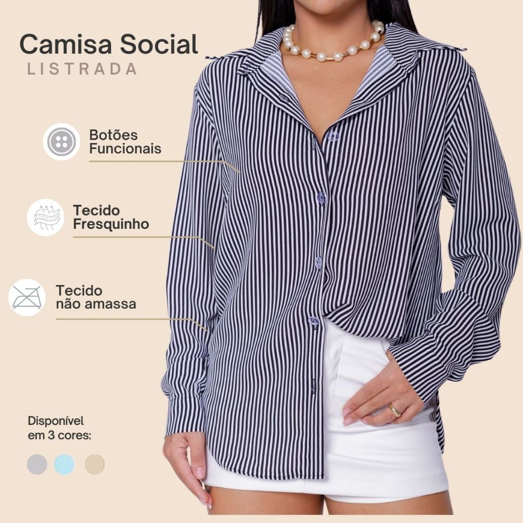 Camisa Feminina Social Clássica Listrada C/ Botões Elegante
