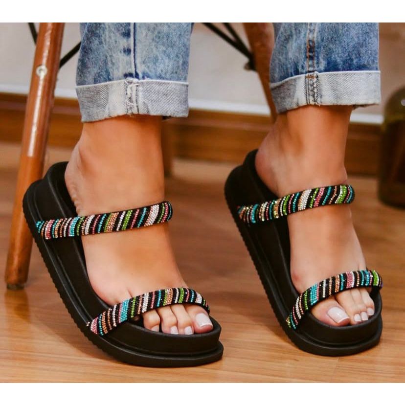 Sandália Plataforma Papete Birken Com Tira De Brilho Strass Colorido Confortável Lançamento
