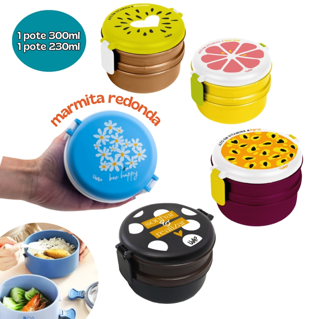 Marmita Mini Redonda Divisórias Pote Lancheira Escola Trabalho 300ml+230ml com Travas Uatt?