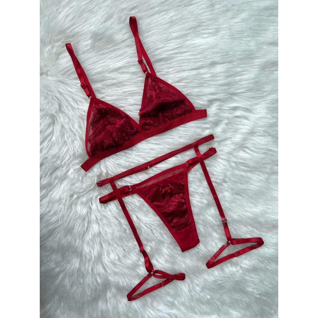 Mit Lingerie Sexy Conjunto 3 Peças Sutiã Sem Bojo Em Tule Transparência + Calcinha + Cinta Coxas em Oferta na Shopee