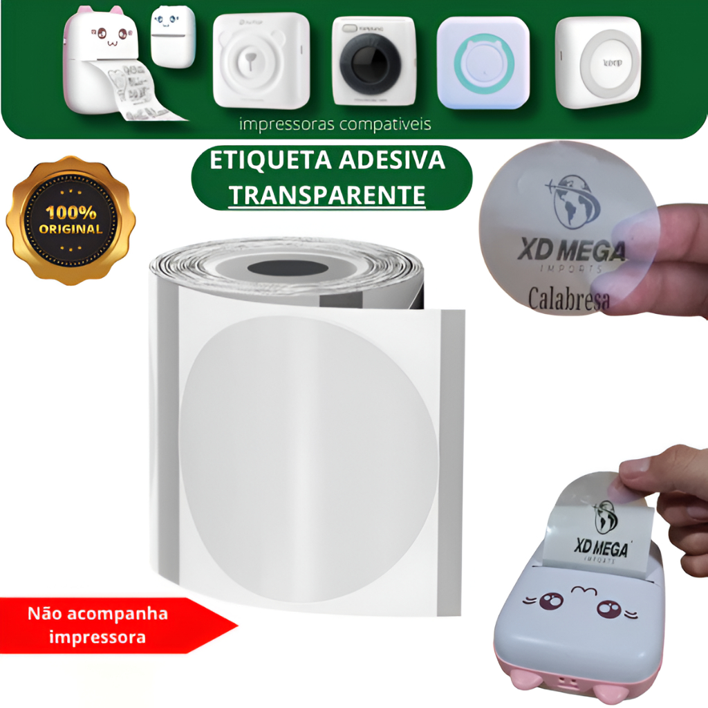 Rolo Etiqueta redonda 50x50 Transparente para impressora gatinho Peripage a6