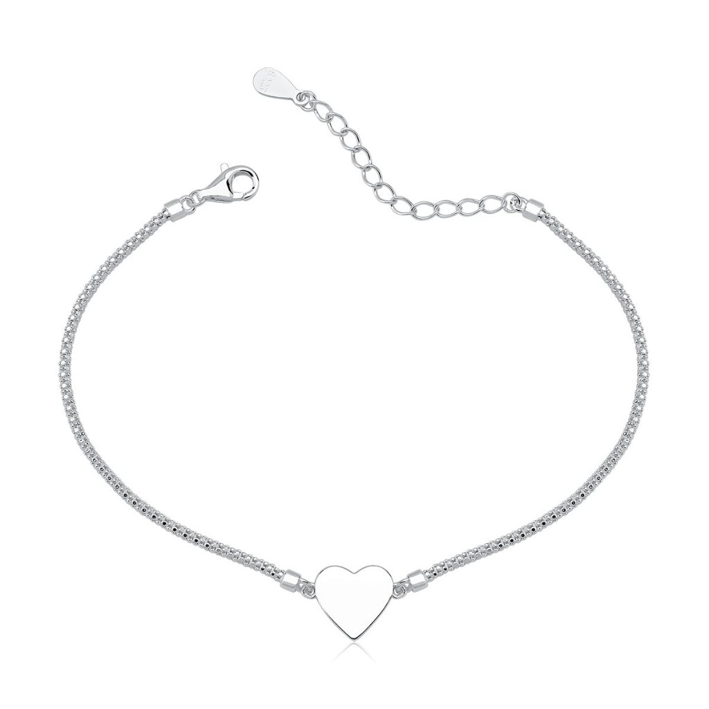 Pulseira Feminina de Prata 925 Pipoca Diamantada com Coração Liso
