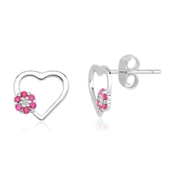 Brinco de Prata 925 Coração Vazado com Flor de Quartzo Rosa