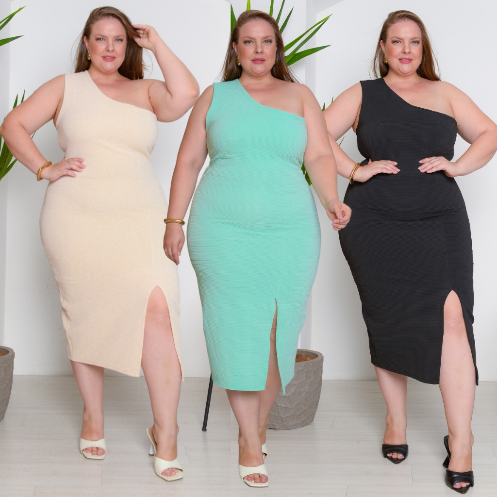 Vestido Feminino Anarruga Mid Fenda Modelador Plus Size G1 G2 G3