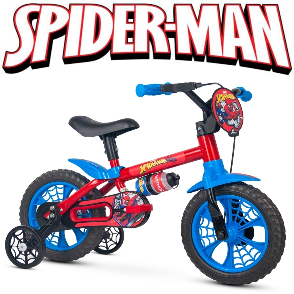 Bicicleta SPIDER MAN Infantil - Aro 12 com Rodinhas de Equilíbrio Garrafinha de Água Nathor