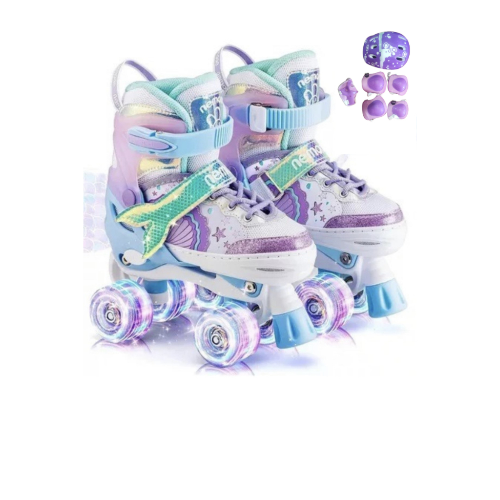 Patins 4 Rodas Arco Íris Luz De Led E Glitter + Kit Proteção