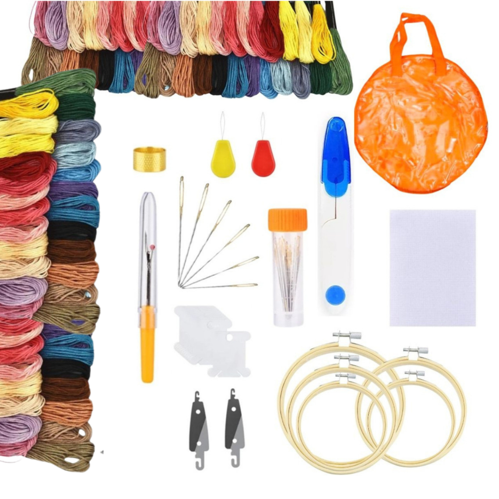 Kit Completo Bordado Ponto russo 5 Bastidores 50 Linhas 9 Agulhas Linhas Meadas Ponto Cruz