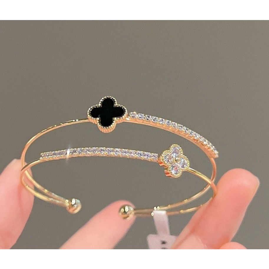 Pulseira Bracelete de dupla camada trevo de quatro folhas requintada aberta dourada prata em Oferta na Shopee