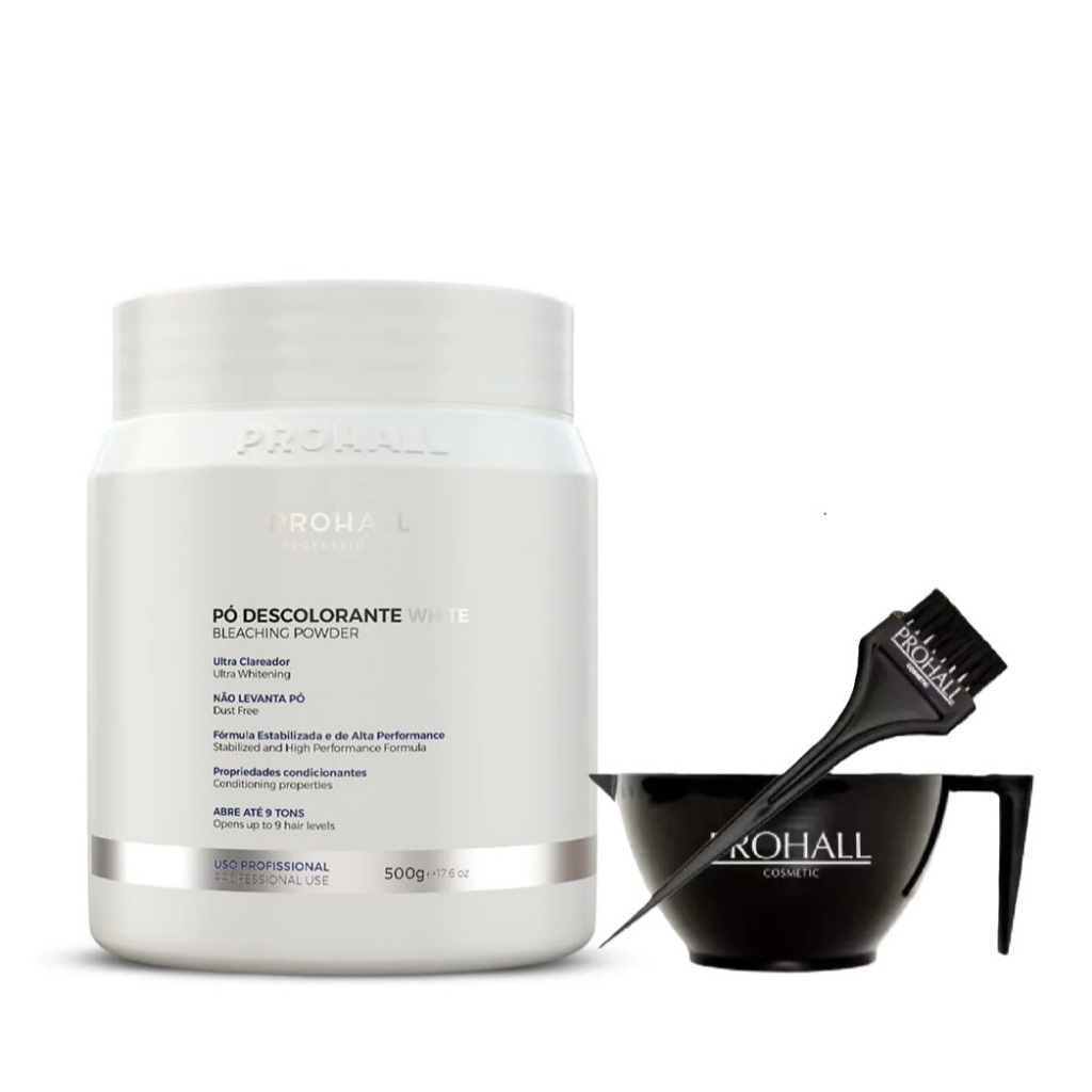 Prohall Pó Descolorante Branco Ultra Clareador Abre até 9 tons 500g + Kit Aplicação Cumbuca Pincel