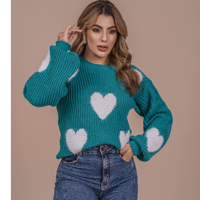 Blusa Verde de Coração com Pelinho Tricô Lã Fang Manga Bufante Feminina Oversize Inverno F...