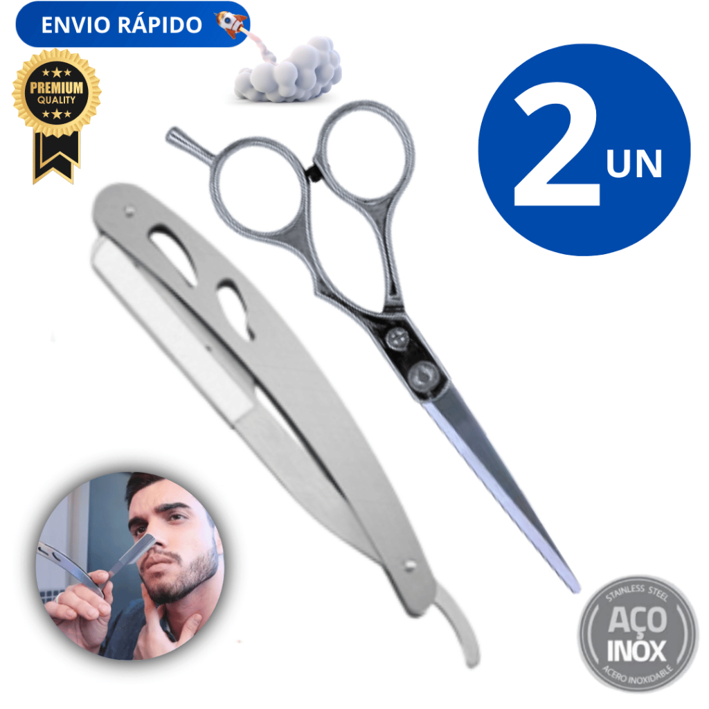 Jogo 2 Unidades 1 Navalhete Inox Premium Barba Cabelo Barbearia Prático Qualidade 1 Tesoura Profissional Inox Premium