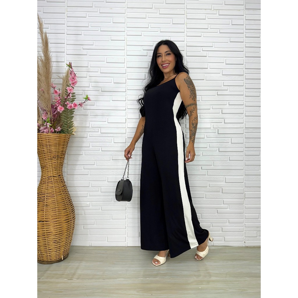 Macacão Pantalona Longo Lateral Off Alças Regulável Elegante em Oferta na Shopee