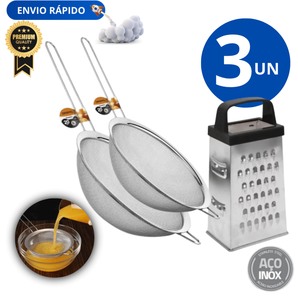 Kit 03 Ralador 4 faces Alta qualidade Inox Peneiras com 22cm 12cm Linha Premium Qualidade Garantida Variáveis Utilidades