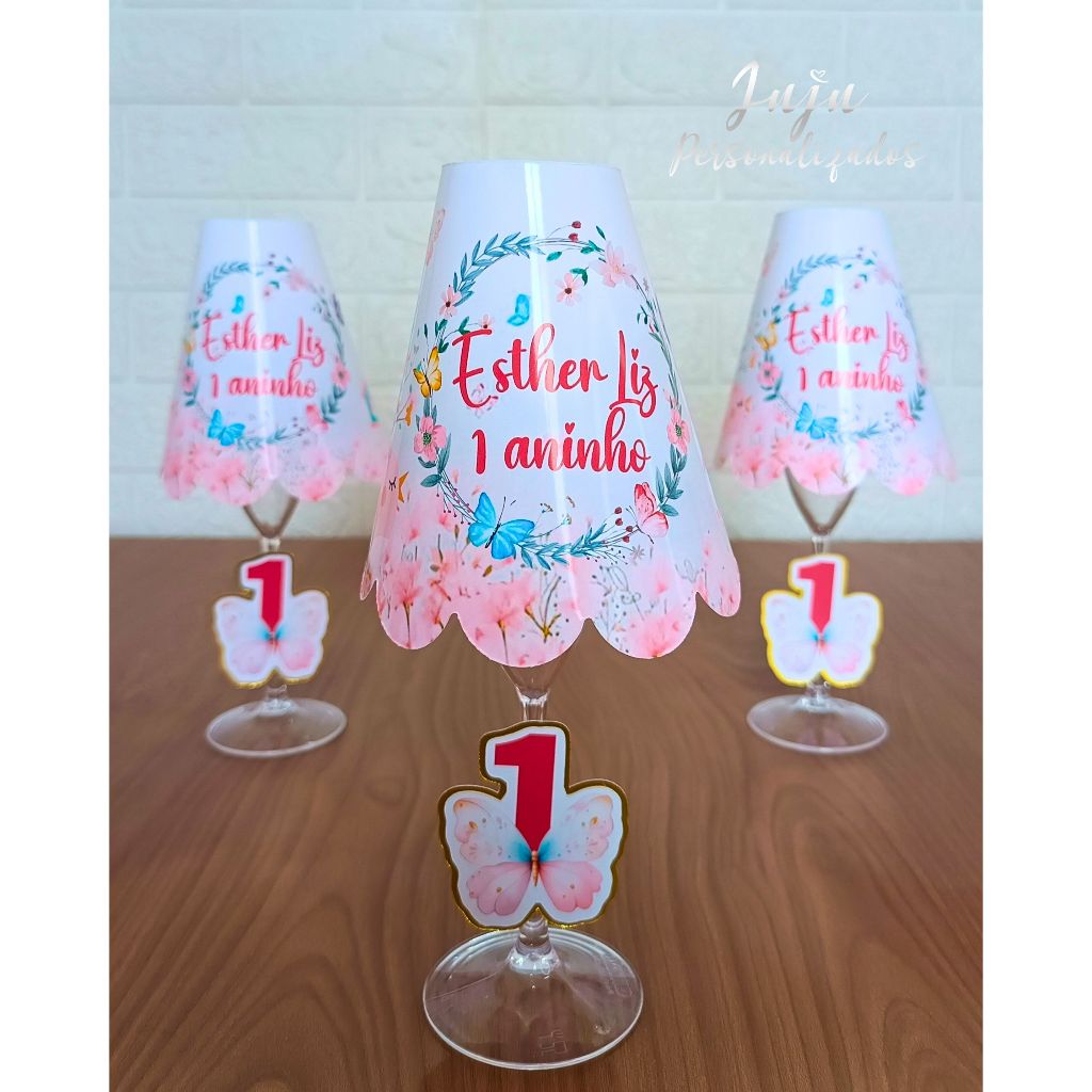 Centro de Mesa Abajur Personalizado com Led Jardim Encantado das Borboletas - Lembrancinha Personalizada para festa