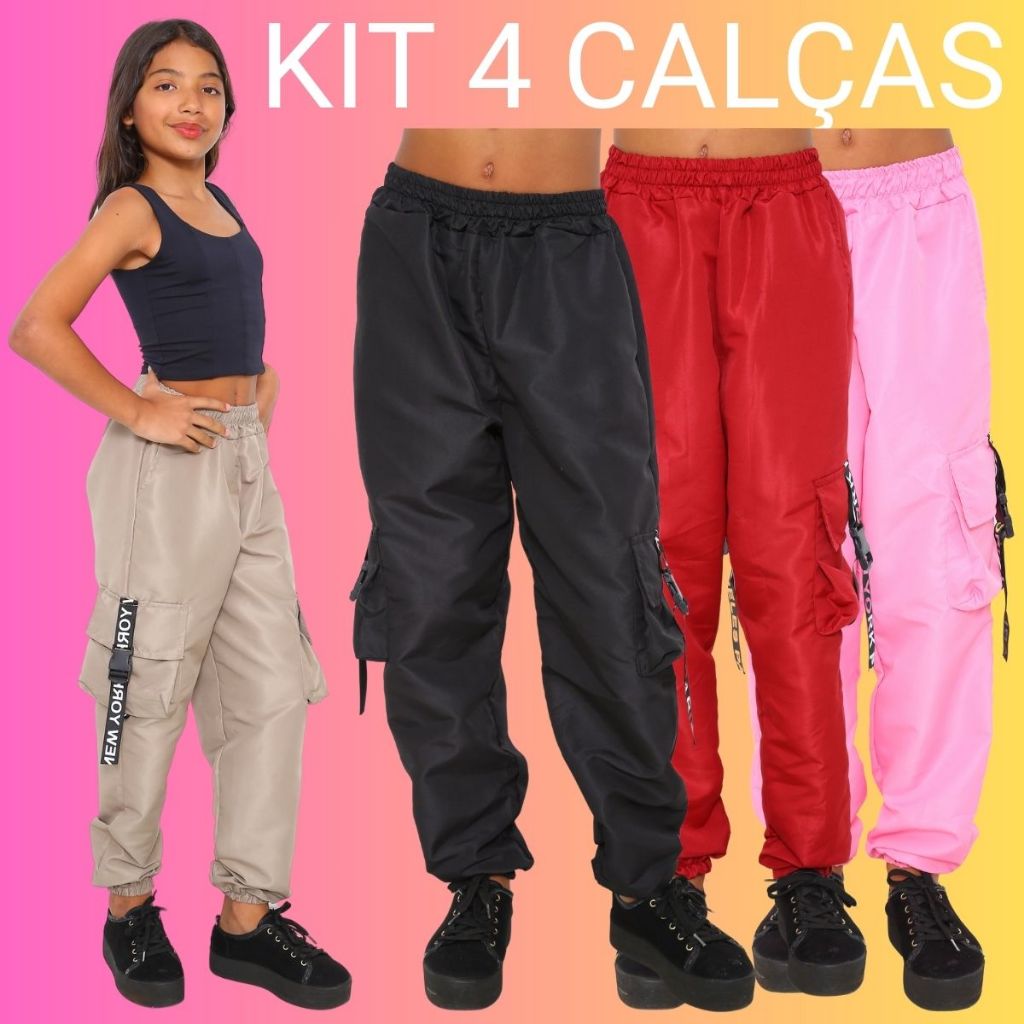 OFERTA KIT 4 Calça Jogger Infantil Feminina Para Meninas Estilosas Calça Cargo 4 Bolso Tecido Tactel Moda Crianças em Oferta na Shopee