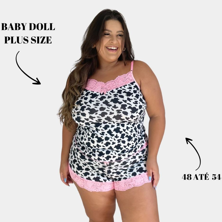 Pijama Baby Doll  Microfibra Plus Size Vaquinha Com Renda Neon Confortável em Oferta na Shopee