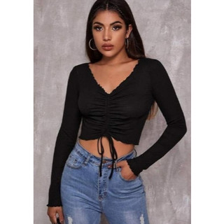 Cropped Feminino Drapeado Gringa Manga Longa